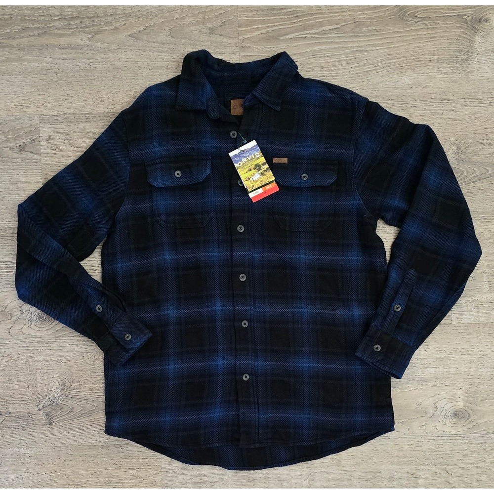 Orvis Mens‎ Plaid Flannel Button Down Shirt Cotton Navy Black M